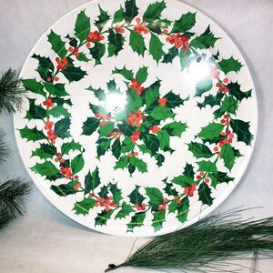Vintage Holiday Hallmark Holly Berries Metal Serving Tray Plate Christmas 14”